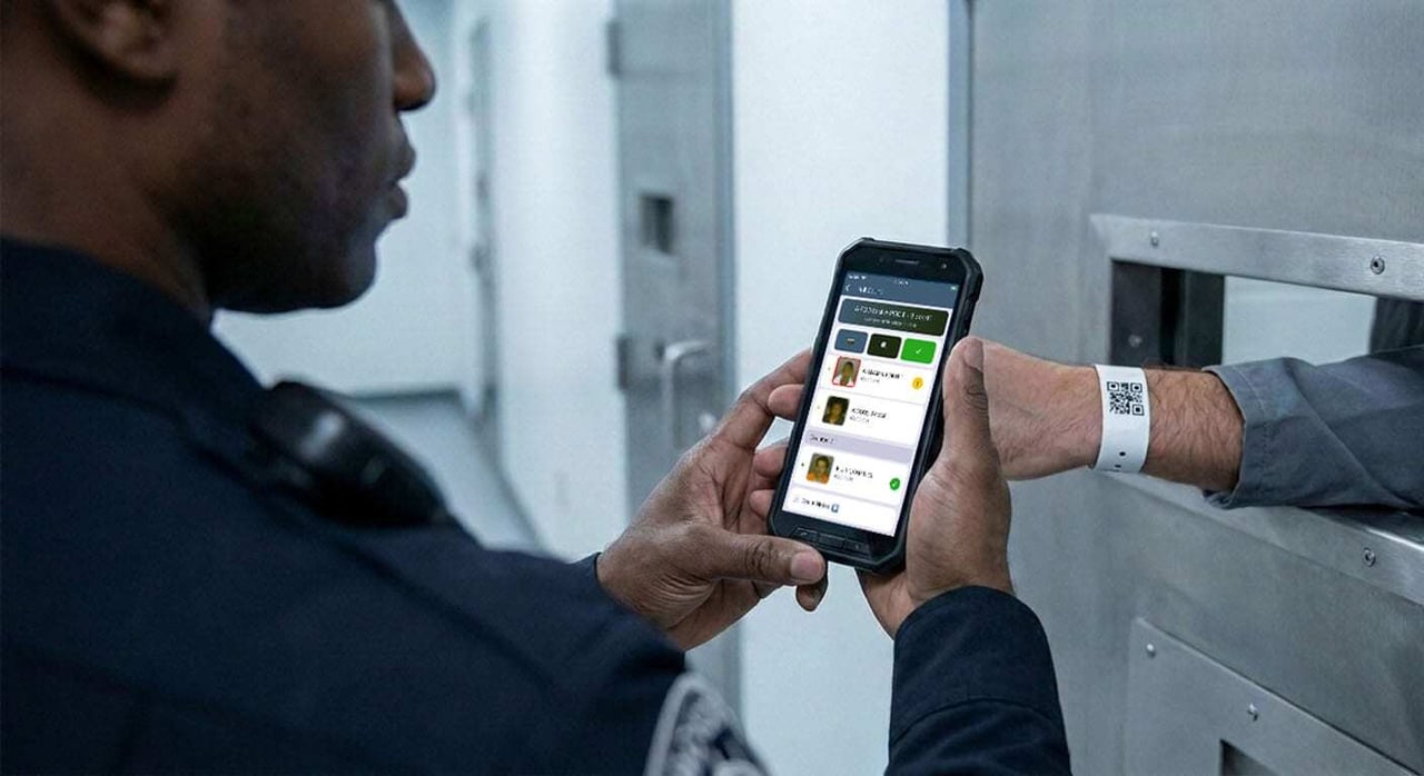Correctional officer performing a head count using inmate barcodes