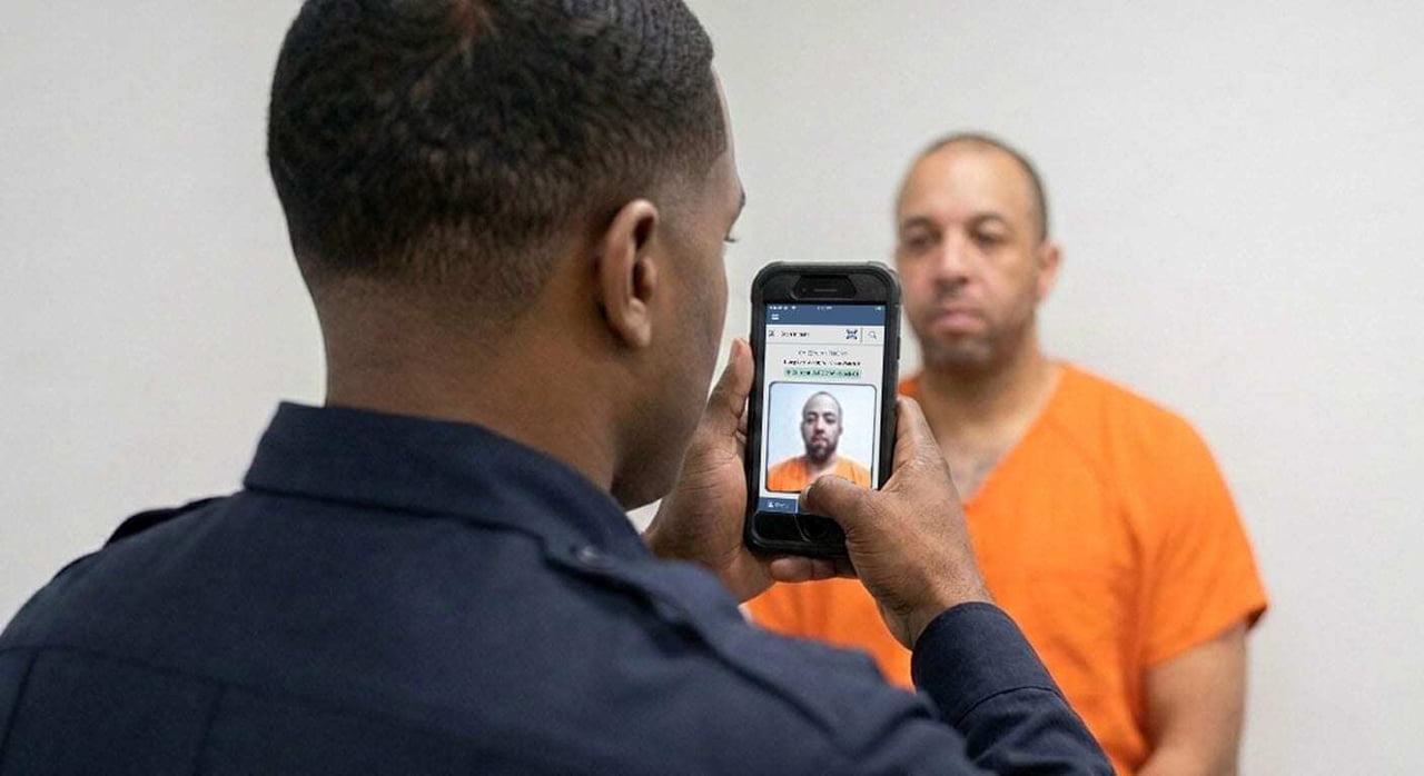 Correctional officer identifying an inmate using facial recognition on a handheld device