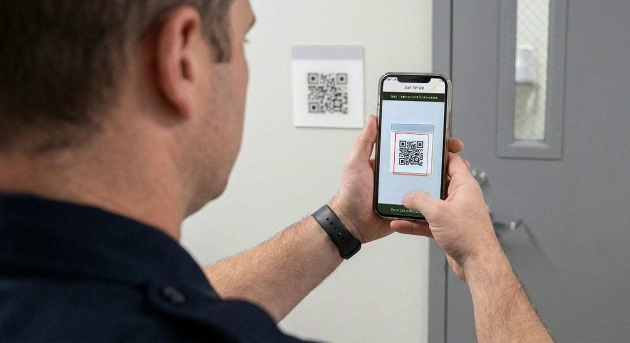 Correctional officer scanning a barcode tag during a cell block round
