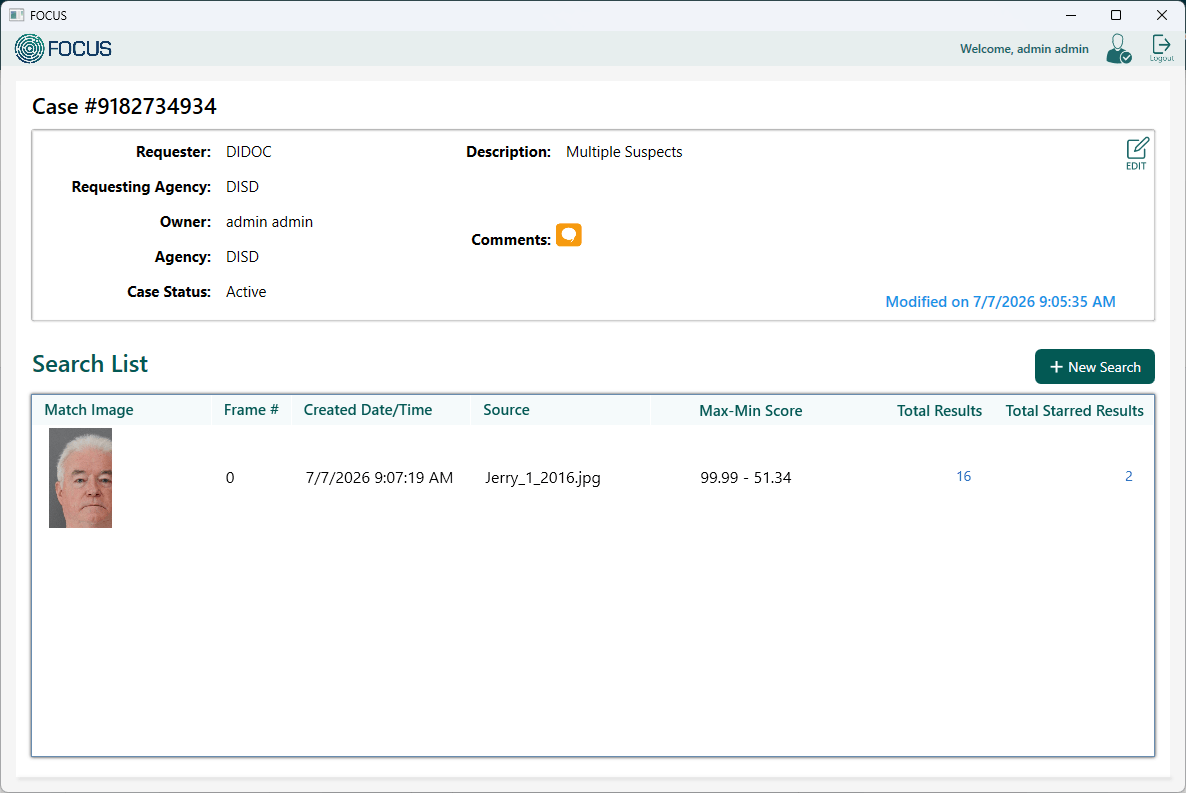 FOCUS Case Manager showing probe images, search history, and case metadata