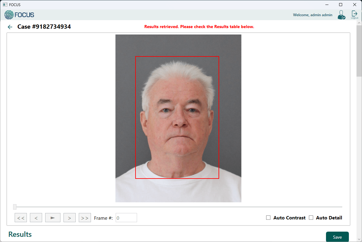 FOCUS face search interface showing probe image submission and enhancement controls