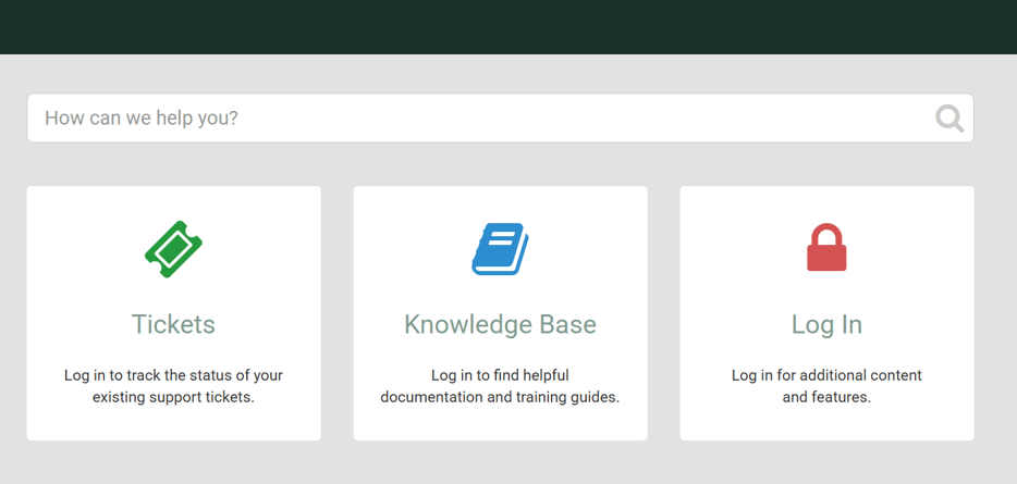 The TeamSupport customer portal landing page, showing Tickets, Knowledge Base, and Log In options